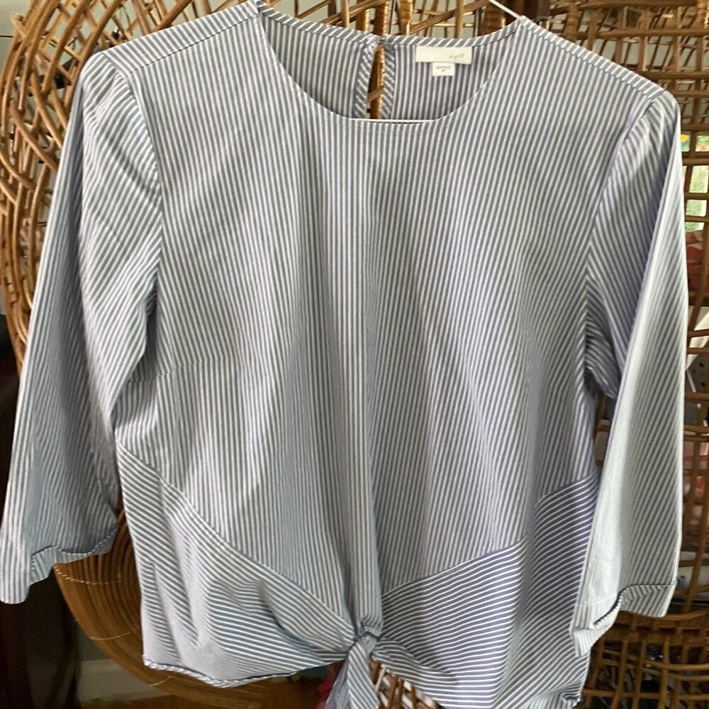 J. CREW Blue and White Vertical Striped Tie Front 3/4 Sleeve Blouse Top - M